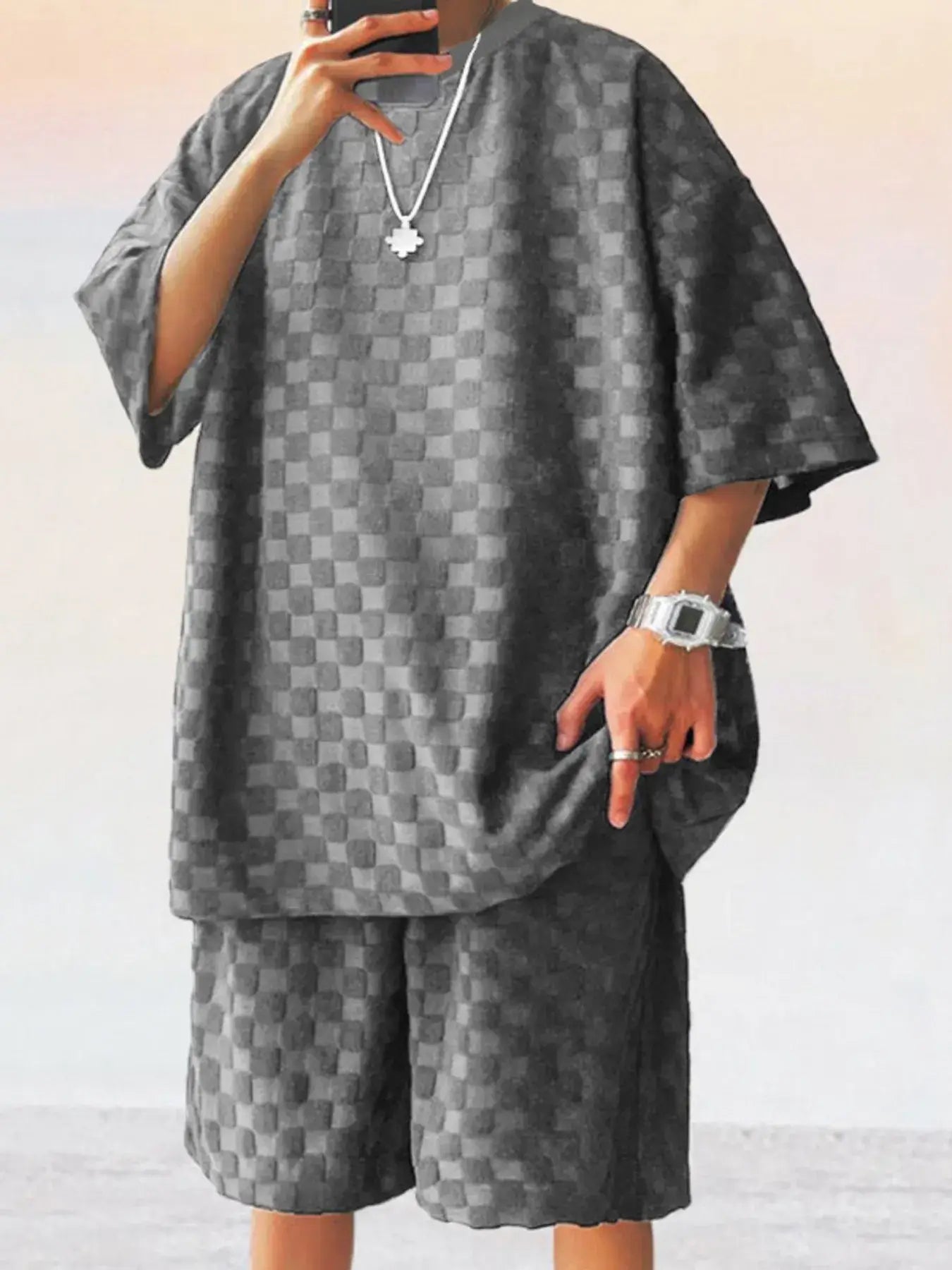 Men's Full Size Checkered Pattern Casual Top and Shorts Two-Piece Set Plus Size - EZEEGET
