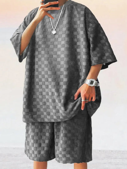Men's Full Size Checkered Pattern Casual Top and Shorts Two-Piece Set Plus Size - EZEEGET