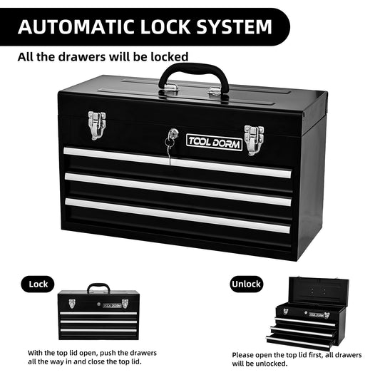 20.3inch Metal Tool Box With 2-4 Drawers Portable Steel Tool Chest With Metal Cylinder Lock And Latch Closure, Black And Red Two Color Powder Coating, Suitable For Garage, Warehouse