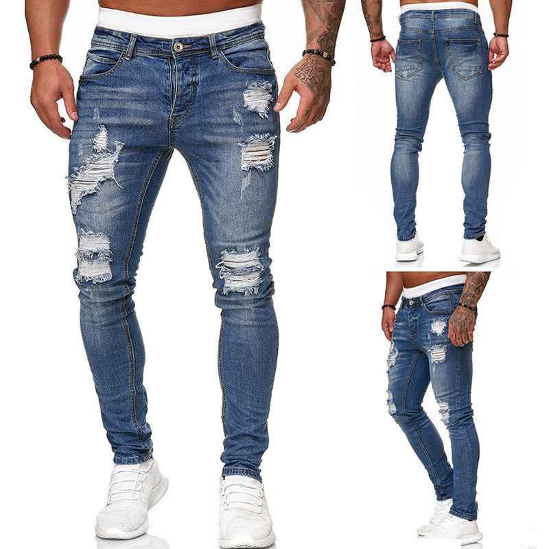 Fashion Street Style Ripped Skinny Jeans Men Vintage Wash Solid Denim Trouser Mens Casual Slim Fit Pencil Denim Pants - EZEEGET