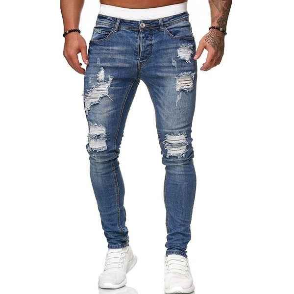 Fashion Street Style Ripped Skinny Jeans Men Vintage Wash Solid Denim Trouser Mens Casual Slim Fit Pencil Denim Pants - EZEEGET