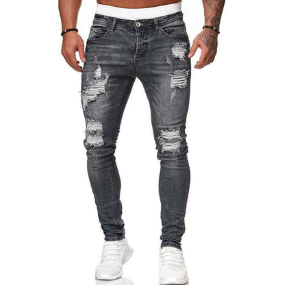 Fashion Street Style Ripped Skinny Jeans Men Vintage Wash Solid Denim Trouser Mens Casual Slim Fit Pencil Denim Pants - EZEEGET