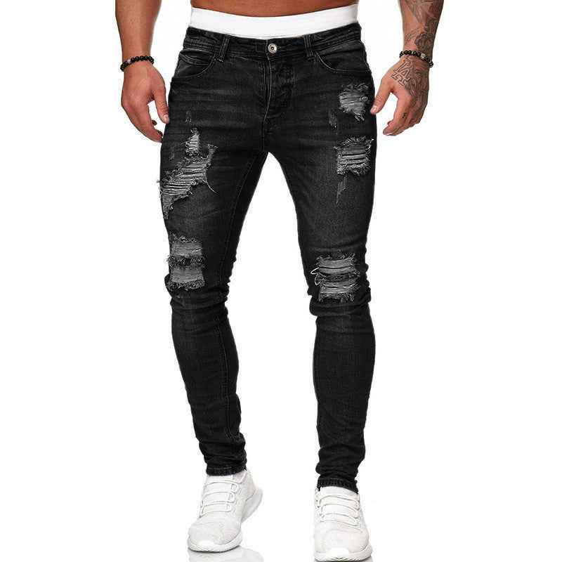 Fashion Street Style Ripped Skinny Jeans Men Vintage Wash Solid Denim Trouser Mens Casual Slim Fit Pencil Denim Pants - EZEEGET
