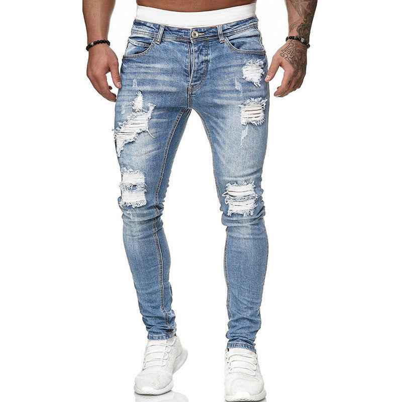 Fashion Street Style Ripped Skinny Jeans Men Vintage Wash Solid Denim Trouser Mens Casual Slim Fit Pencil Denim Pants - EZEEGET