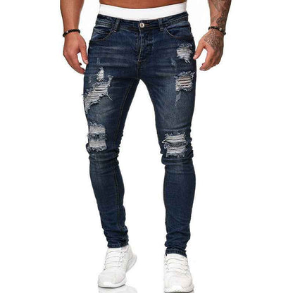 Fashion Street Style Ripped Skinny Jeans Men Vintage Wash Solid Denim Trouser Mens Casual Slim Fit Pencil Denim Pants - EZEEGET