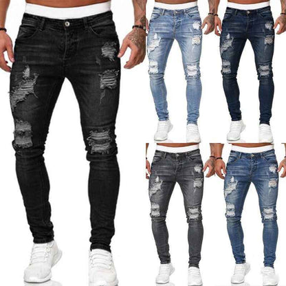 Fashion Street Style Ripped Skinny Jeans Men Vintage Wash Solid Denim Trouser Mens Casual Slim Fit Pencil Denim Pants - EZEEGET