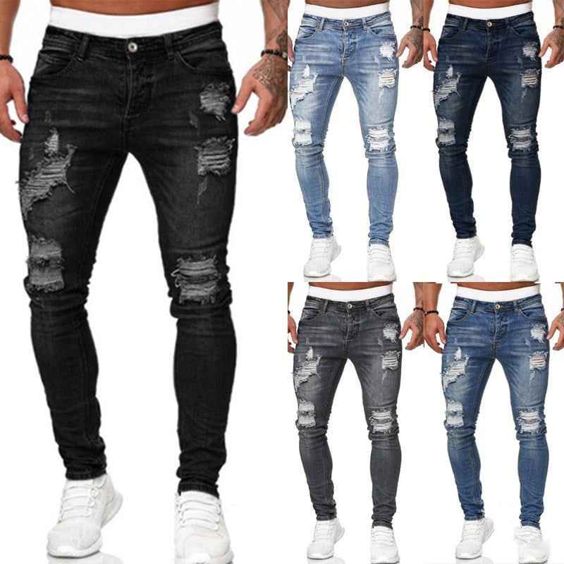 Fashion Street Style Ripped Skinny Jeans Men Vintage Wash Solid Denim Trouser Mens Casual Slim Fit Pencil Denim Pants - EZEEGET