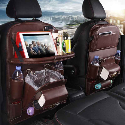 PU Leather Car Storage Bag Multifunction Seat Back Tray Hanging Bag Waterproof Car Organizer Automotive Interior Accessories - EZEEGET
