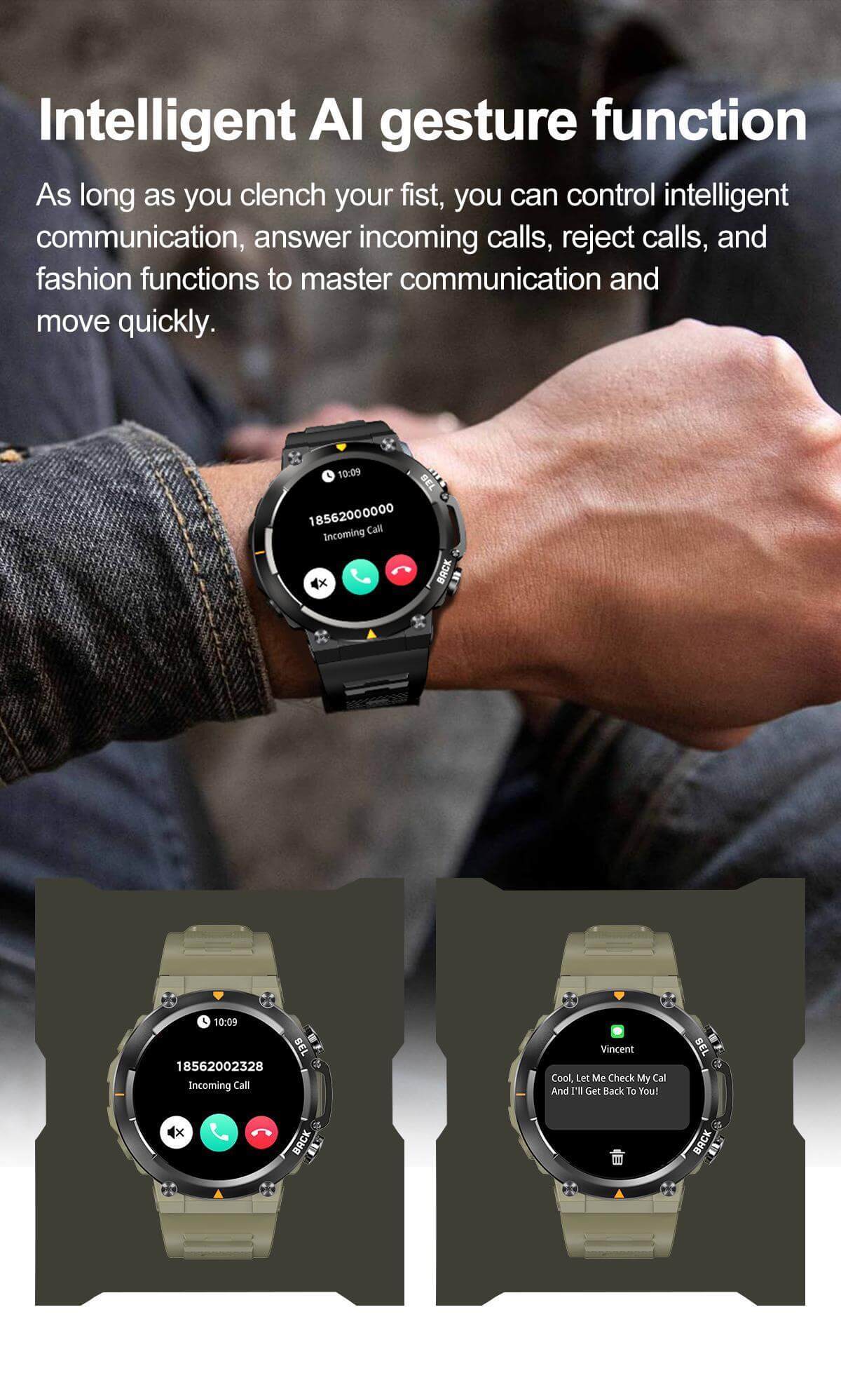 Senbono 2024 MAX18 Men's Arma Oled 1.43-inch HD Large Screen Smart Watch With Gesture Control, AI Voice And Call Function - EZEEGET