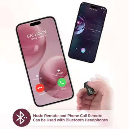 Smart BT Remote Ring with smartphone, showcasing wireless control for music and calls, Bluetooth compatible.