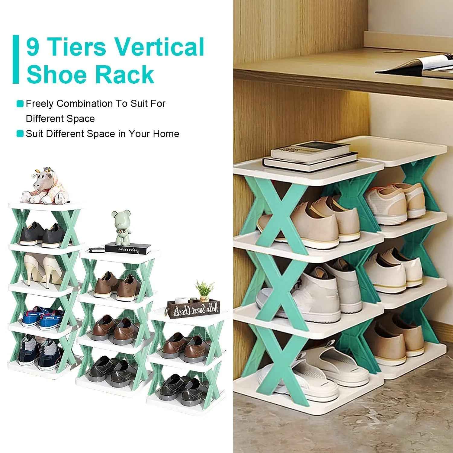 1Pc 9Tier Narrow Entryway Shoe Rack - Plastic Vertical Shoe Organizer for Space Saving Free Standing Shoes Storage in Closet or Hallway - EZEEGET