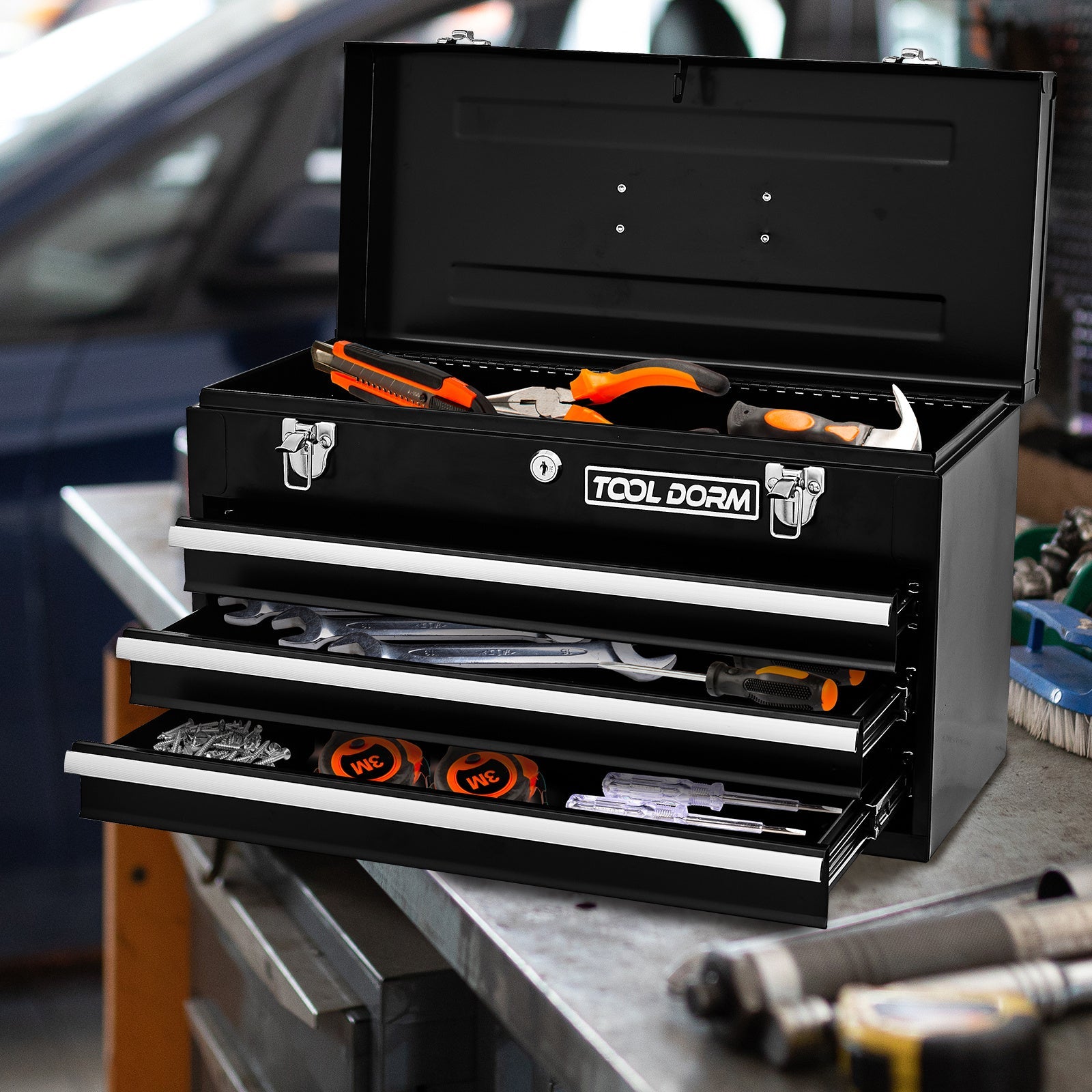 20.3inch Metal Tool Box With 2-4 Drawers Portable Steel Tool Chest With Metal Cylinder Lock And Latch Closure, Black And Red Two Color Powder Coating, Suitable For Garage, Warehouse EZeeget online shop