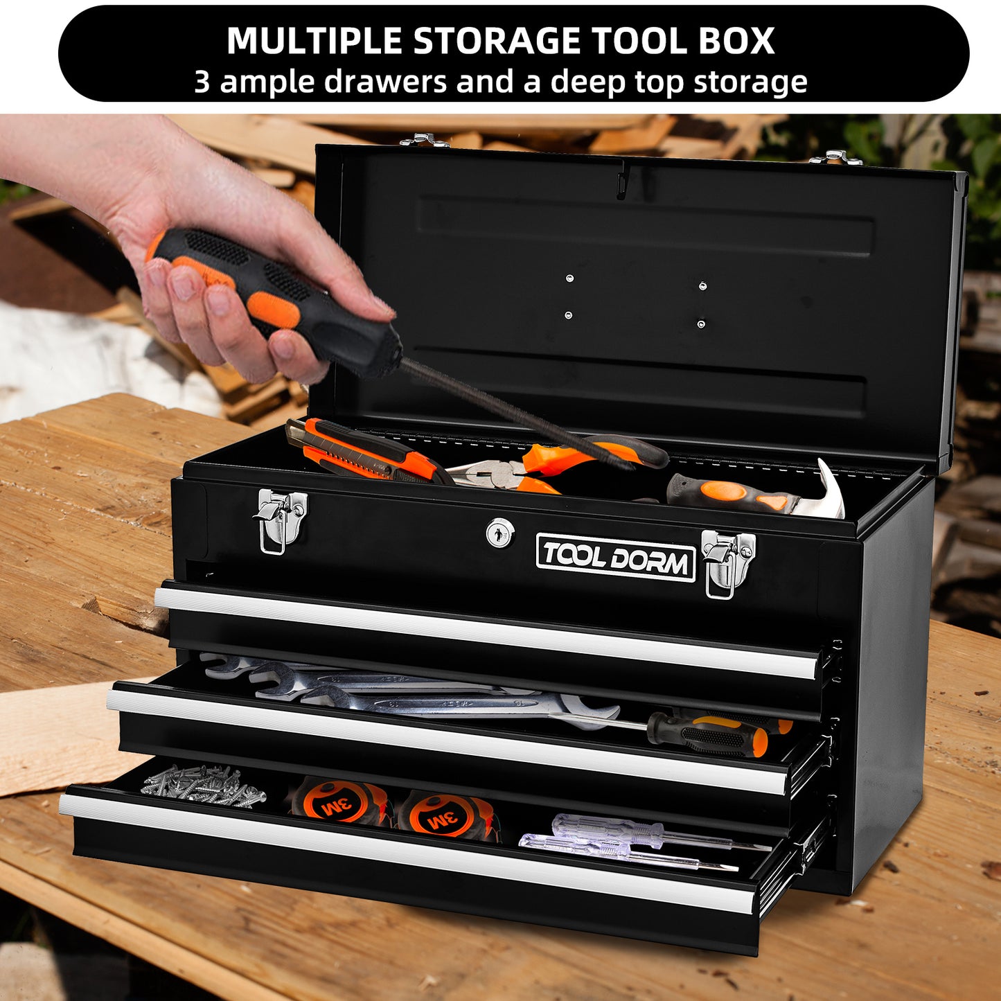 20.3inch Metal Tool Box With 2-4 Drawers Portable Steel Tool Chest With Metal Cylinder Lock And Latch Closure, Black And Red Two Color Powder Coating, Suitable For Garage, Warehouse