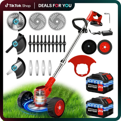 21V Electric Weed Eater With Wheels,Cordless Battery Weed Wacker With Charger, 2Batteries,3 In 1 Brush Cutter String Trimmer Grass Trimmer Lawn Mower,Edger For Garden And Yard Lawn,dealsforyoudays - EZeeget online shop 