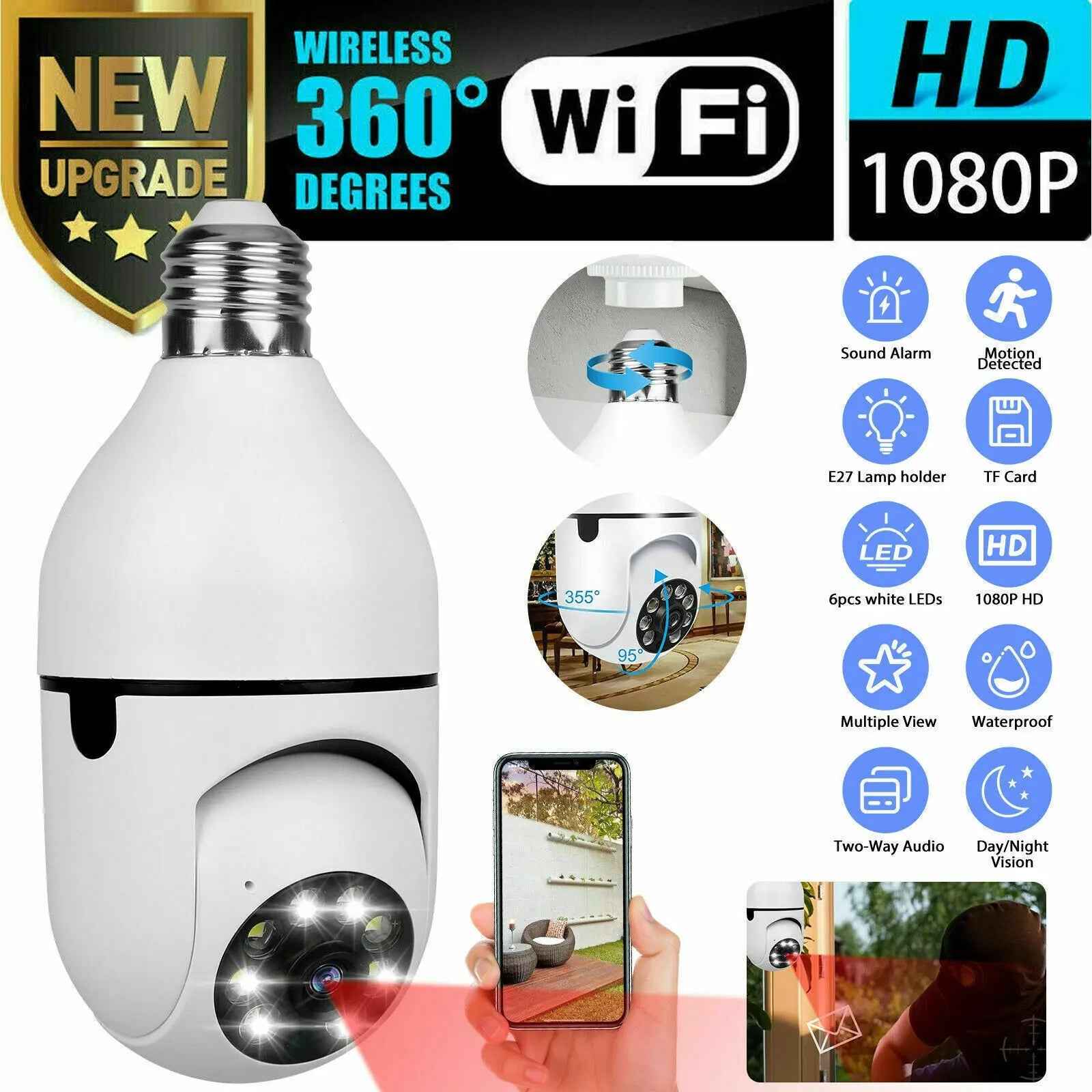 E27 Light Bulb Camera - 1080P HD Wireless Wifi Smart Home Security Solution - EZEEGET