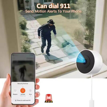 WESECUU Smart W911 AI camera detecting motion with app controls, providing security alerts and emergency dialing.