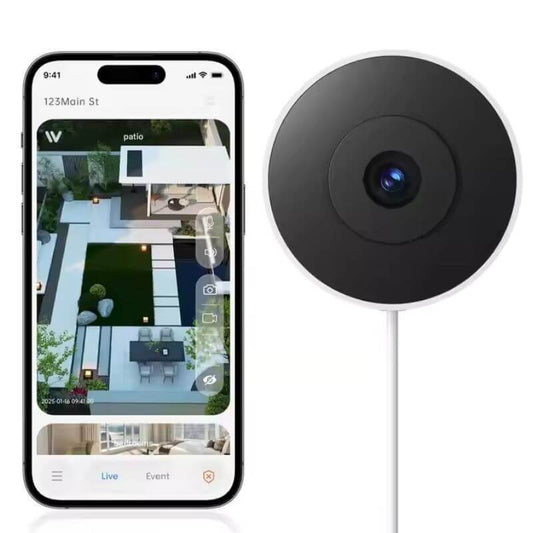 WESECUU Smart W911 WiFi camera with AI features and mobile app control, showcasing live view of outdoor patio.