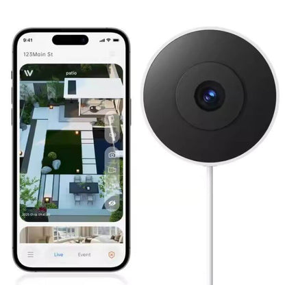 WESECUU Smart W911 AI WiFi camera displayed with app interface for facility monitoring and smart control.