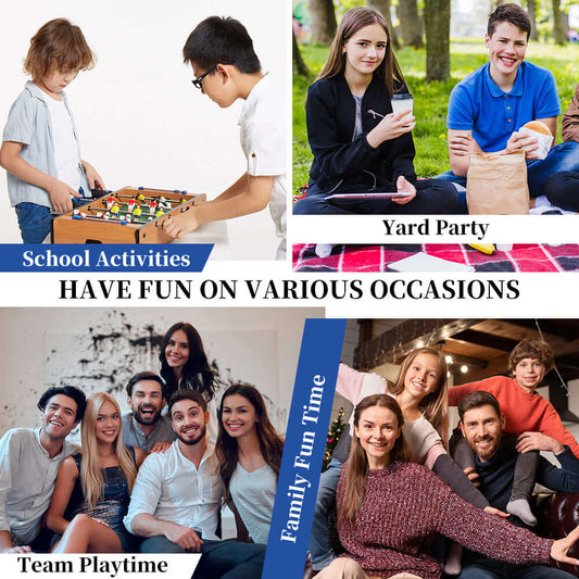 Collage image showing kids playing foosball, a yard party, team playtime, and family fun activities.