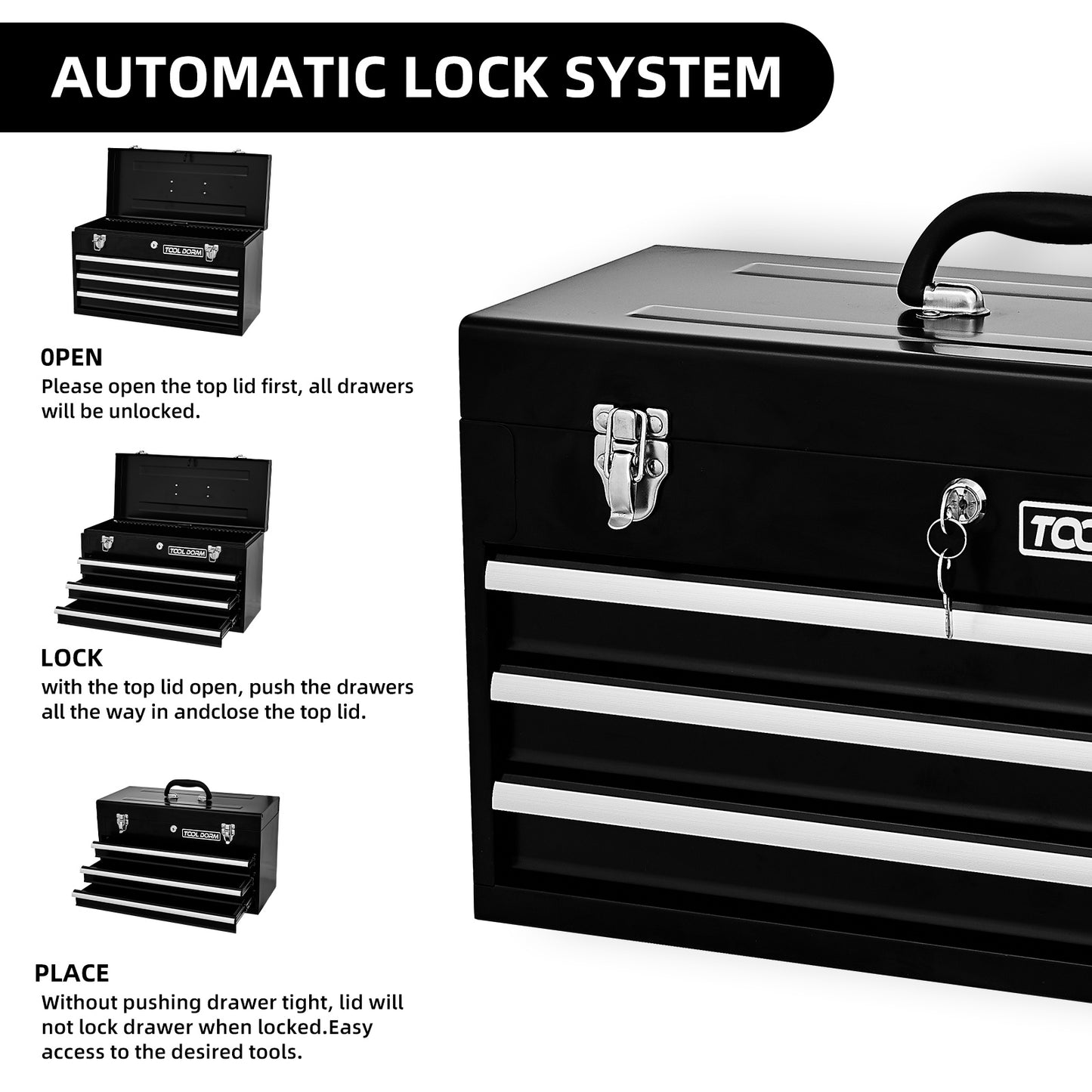 20.3inch Metal Tool Box With 2-4 Drawers Portable Steel Tool Chest With Metal Cylinder Lock And Latch Closure, Black And Red Two Color Powder Coating, Suitable For Garage, Warehouse