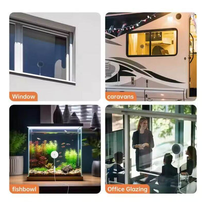 Versatile installation options: smart camera shown in window, caravan, fishbowl, and office glazing.
