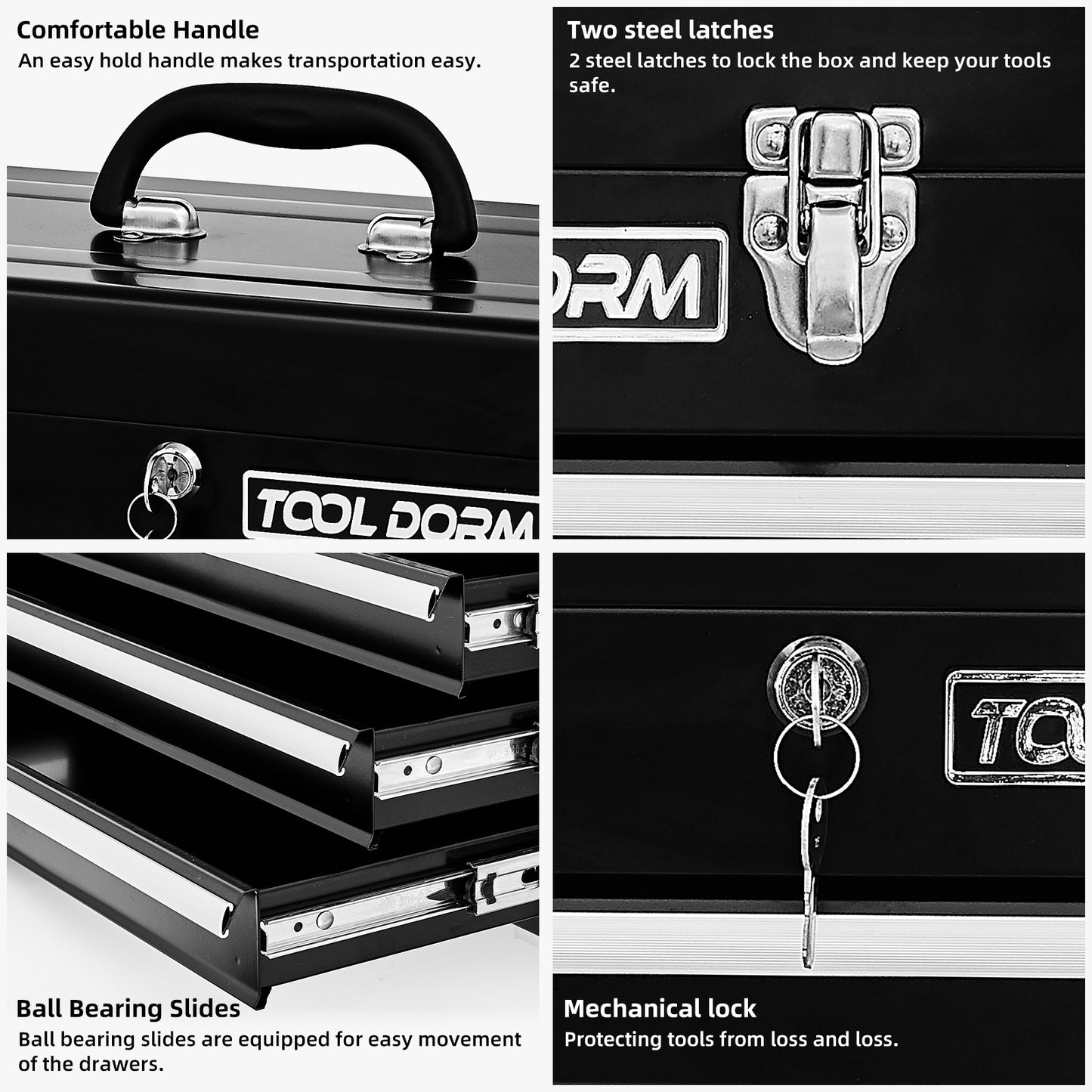 20.3inch Metal Tool Box With 2-4 Drawers Portable Steel Tool Chest With Metal Cylinder Lock And Latch Closure, Black And Red Two Color Powder Coating, Suitable For Garage, Warehouse