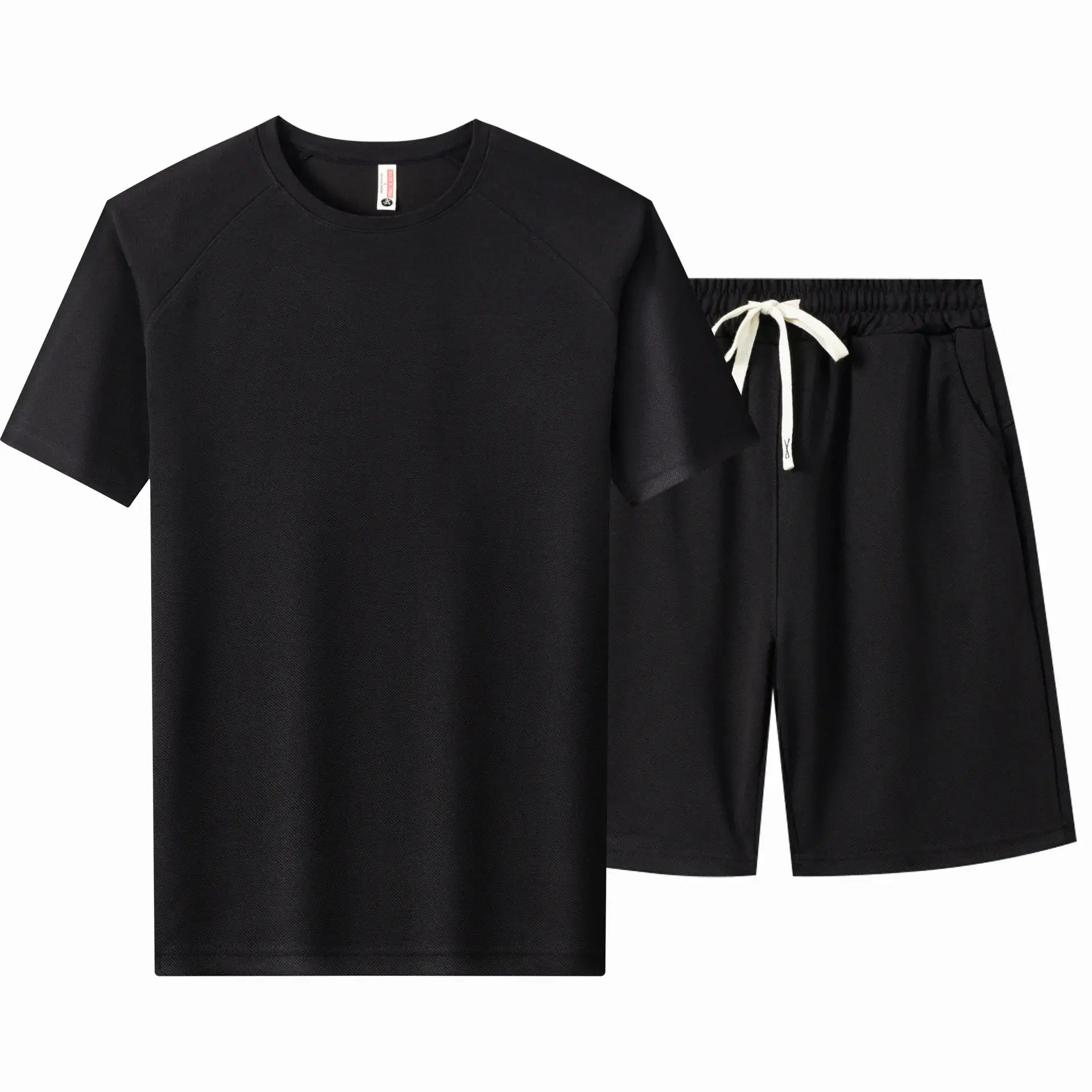 Men's plus size black short sleeve top and shorts set with drawstring and pockets.