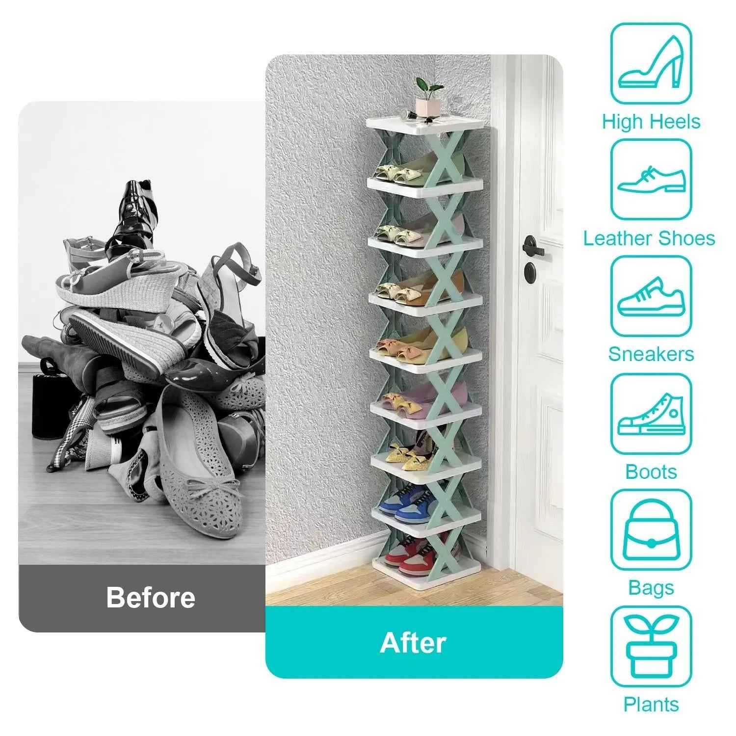 1Pc 9Tier Narrow Entryway Shoe Rack - Plastic Vertical Shoe Organizer for Space Saving Free Standing Shoes Storage in Closet or Hallway - EZEEGET
