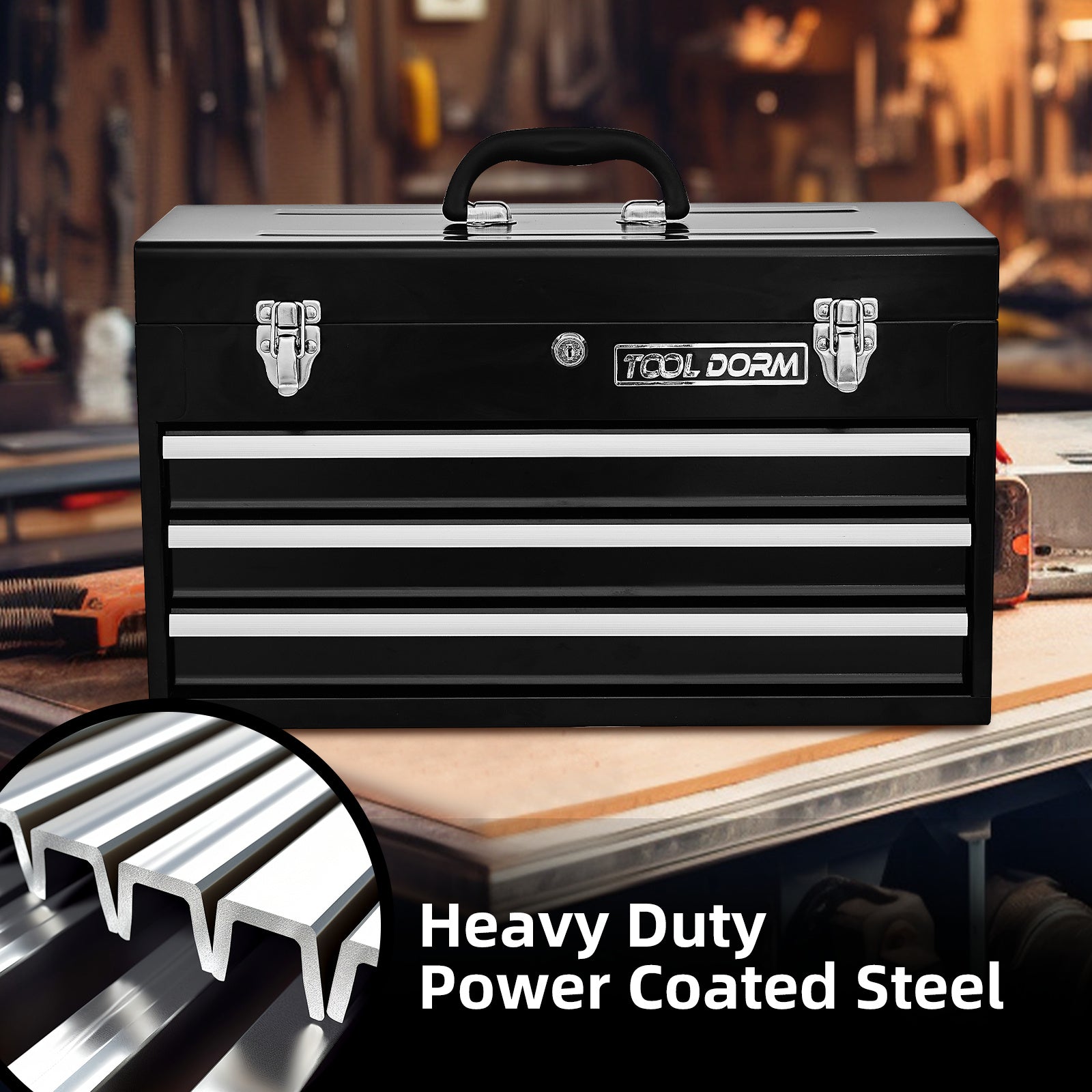 20.3inch Metal Tool Box With 2-4 Drawers Portable Steel Tool Chest With Metal Cylinder Lock And Latch Closure, Black And Red Two Color Powder Coating, Suitable For Garage, Warehouse EZeeget online shop