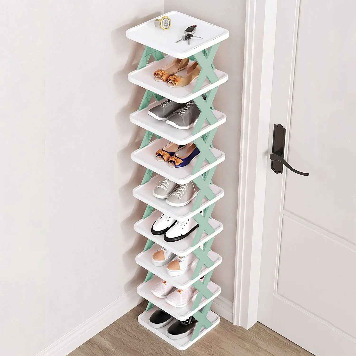 1Pc 9Tier Narrow Entryway Shoe Rack - Plastic Vertical Shoe Organizer for Space Saving Free Standing Shoes Storage in Closet or Hallway - EZEEGET