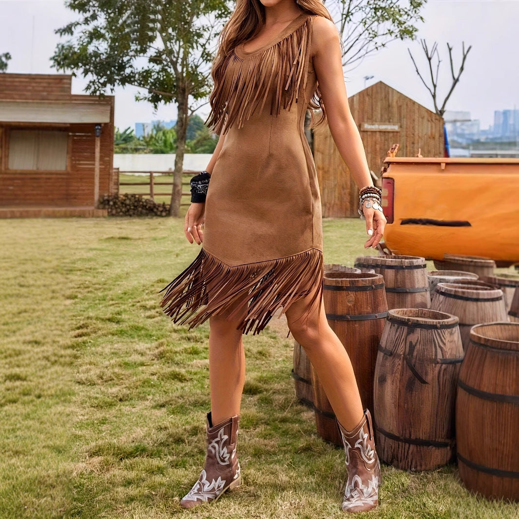 Women's Leisure Vacation Western Style Suede Subcutaneous Fringe Dress