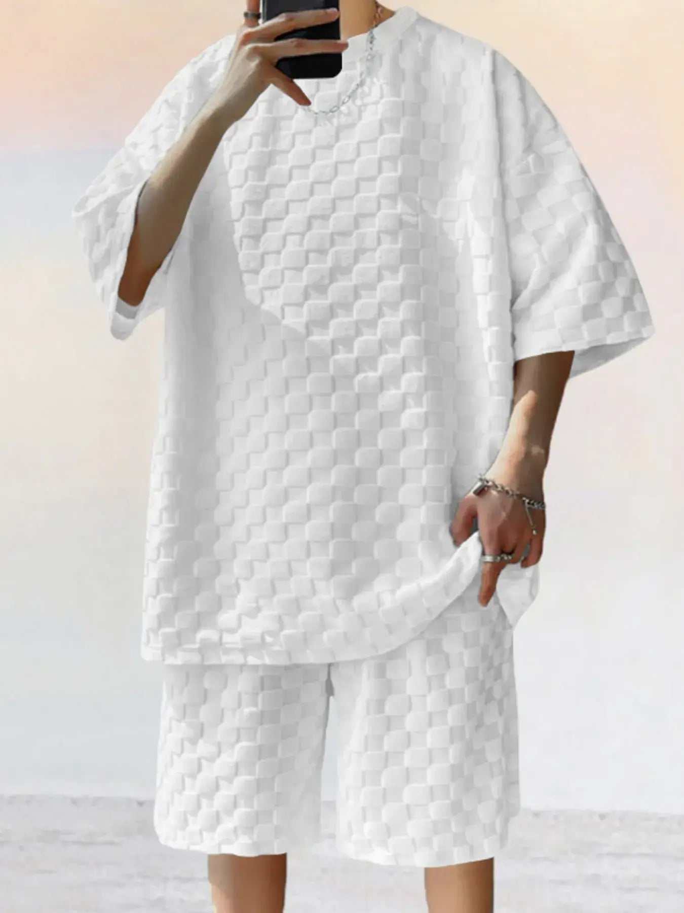 Men's Full Size Checkered Pattern Casual Top and Shorts Two-Piece Set Plus Size - EZEEGET