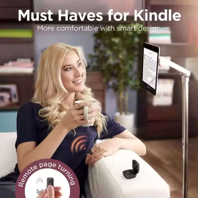 Woman enjoying reading on Kindle with remote page turning, showcasing comfort and smart design features.