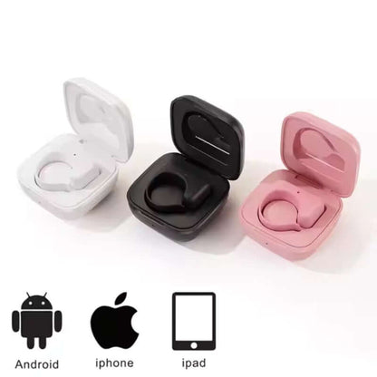 Wireless earbuds in black, white, and pink cases with icons for Android, iPhone, and iPad compatibility.
